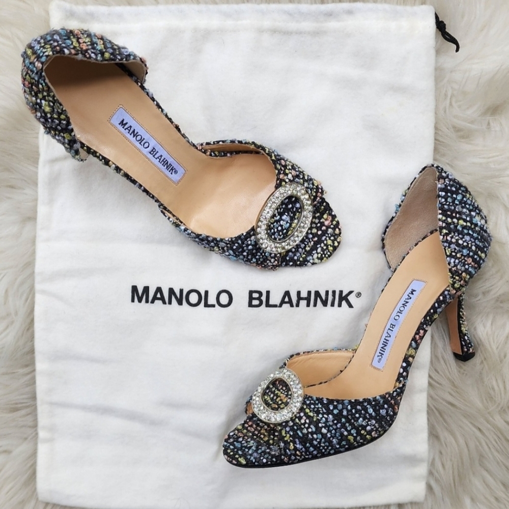 New Manolo Blahnik Sedaraby Tweed Open Toe Pumps Black Multi Sz 35